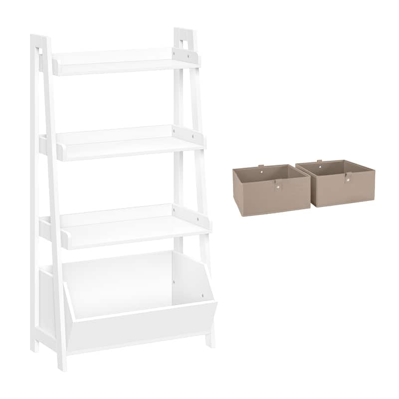RiverRidge Kids 4-Tier 24in Ladder Shelf Toy Organizer with 3 Open Display Shelves- White with Two 5" Fabric Bins