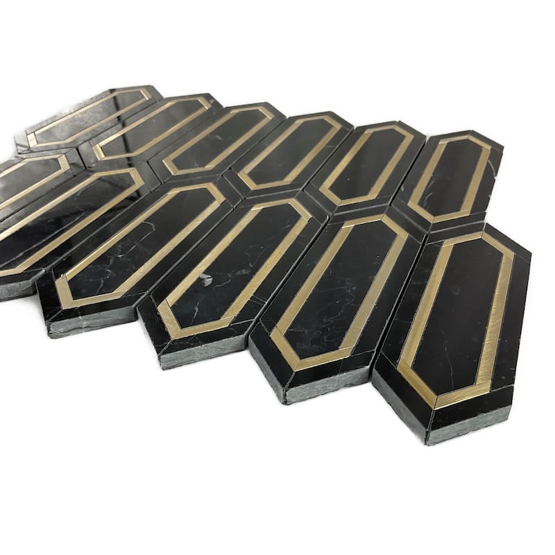Nero Marquina and Gold Metal Long HoneyComb Marble Mosaic Tiles - Case (10 Sheets)