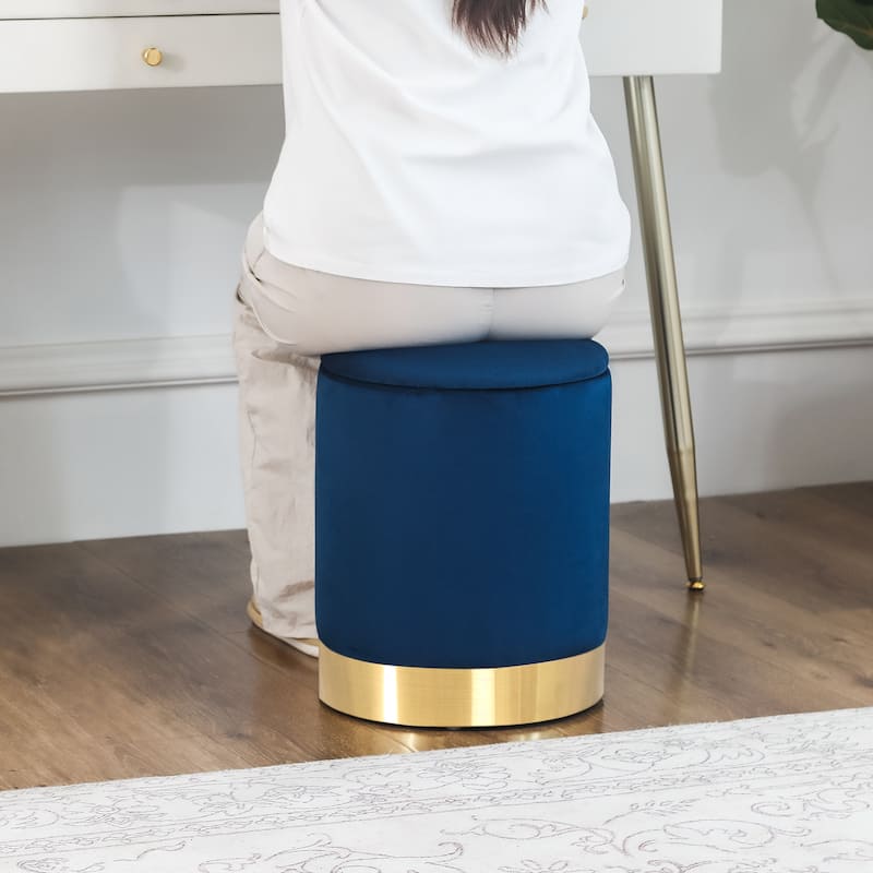 Adeco Round Storage Ottoman Footrest Stool Velvet Gold Plating Base