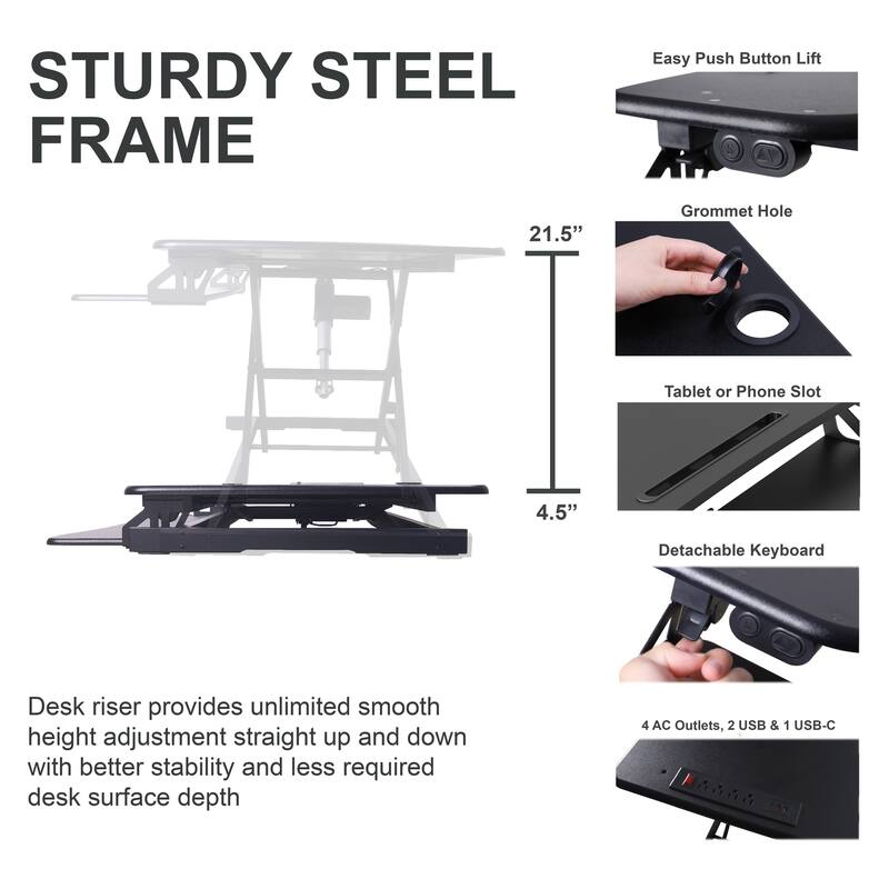 Rocelco 37.4 in. W Beige Electric Standing Desk Converter with AC USB Charger, Motorized Lift, Dual Monitor Riser and Tray