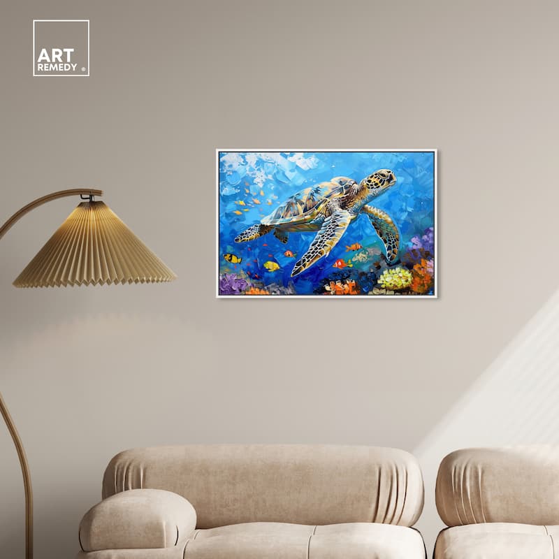 Art Remedy Turtle Swimming Framed Colorful Coastal 1 Piece Canvas Wall Art