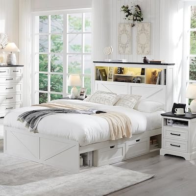 Farmhouse Full Size Wood Bed Frame with Storage Headboard and Drawers