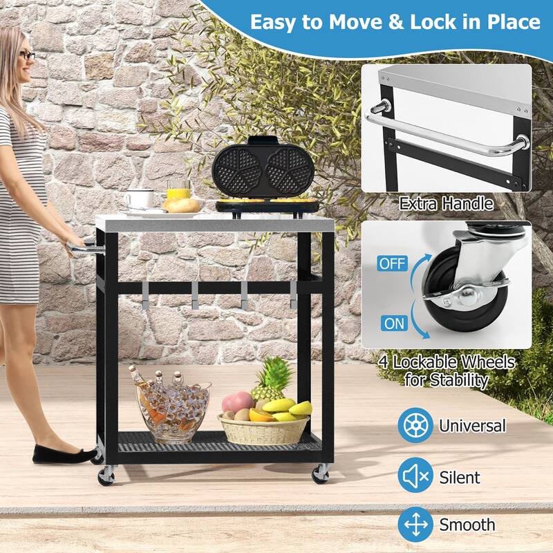 Gymax 2-tier Stainless Steel Grill Cart w/ Wheels & Handle 4 Hooks