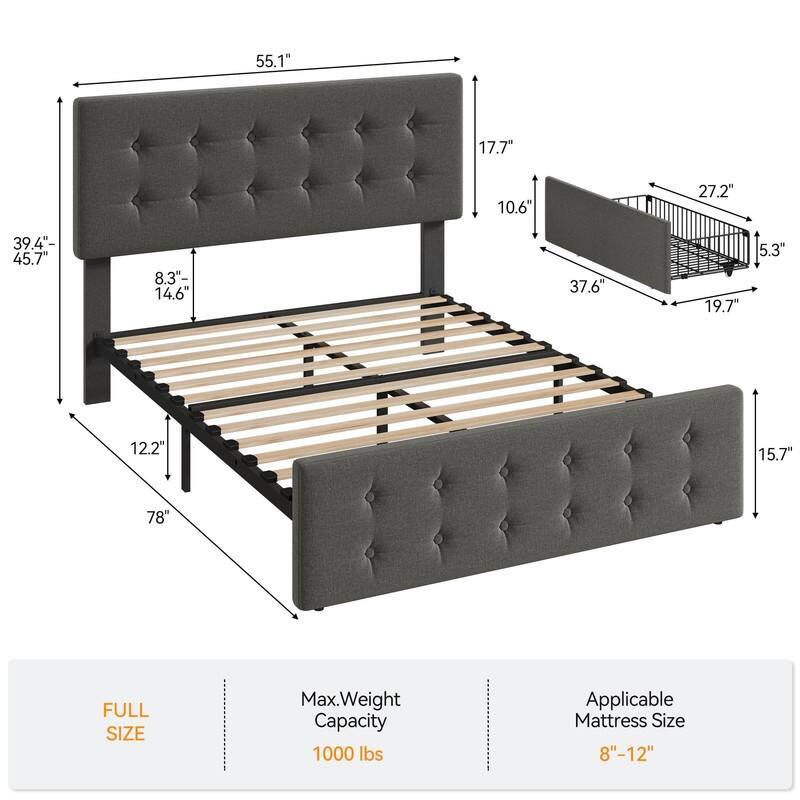 Upholstered Bed with 4 Drawers and Adjustable Button-Tufted Linen Headboard