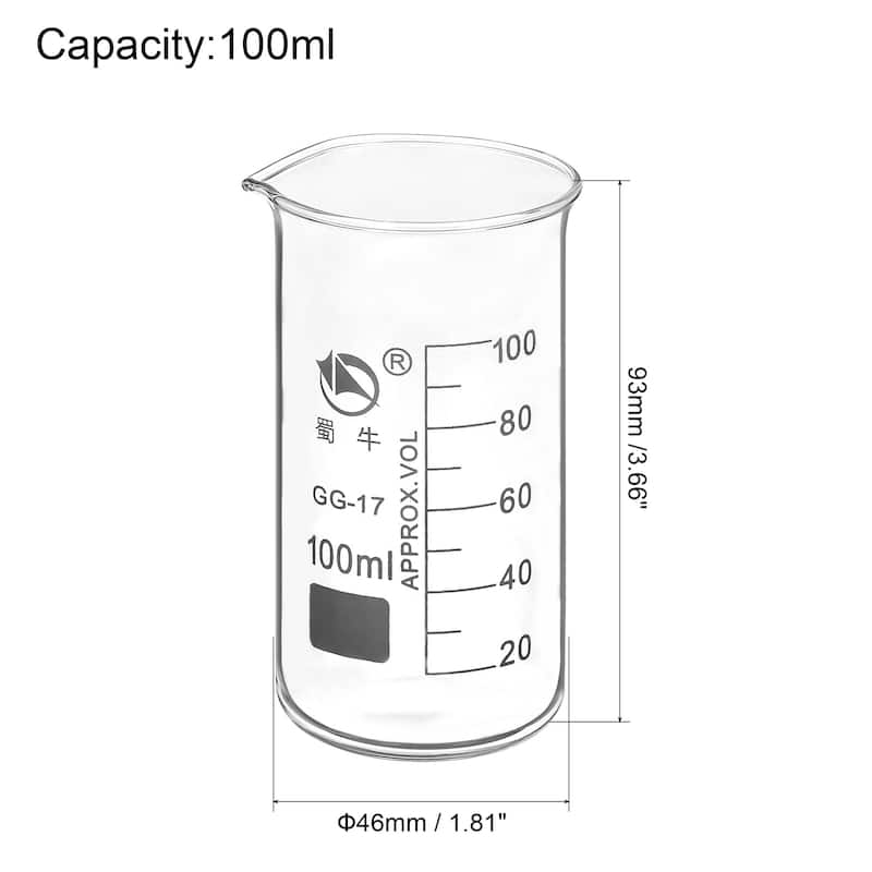 2pcs 100ml Tall Form Glass Beaker 3.3 Borosilicate Lab Measuring Cups - Clear