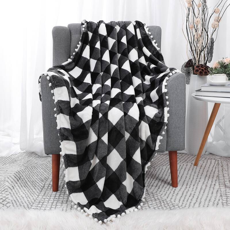 Buffalo Plaid Flannel Throw Blanket with Pom Poms Soft Plush Microfiber Blankets