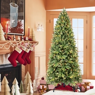 8FT Slim Christmas Tree with 600 Lights, Hinged Design for Quick