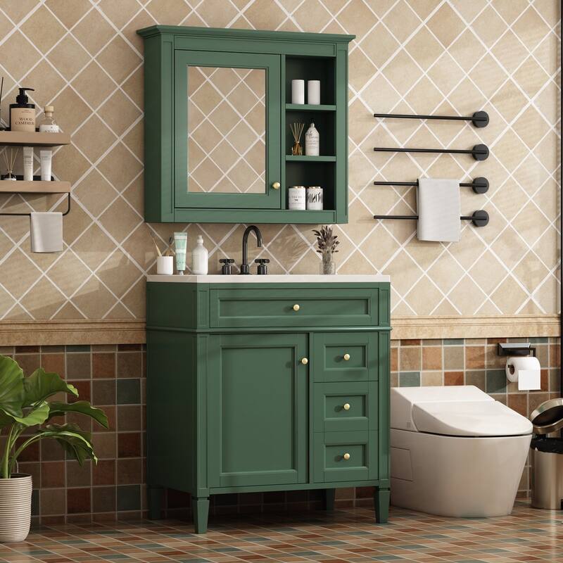 Plywood Freestanding Bathroom Vanity Set in Maple with Integrated Ceramic Sink with Mirror Cabinet - 30“ x 18"