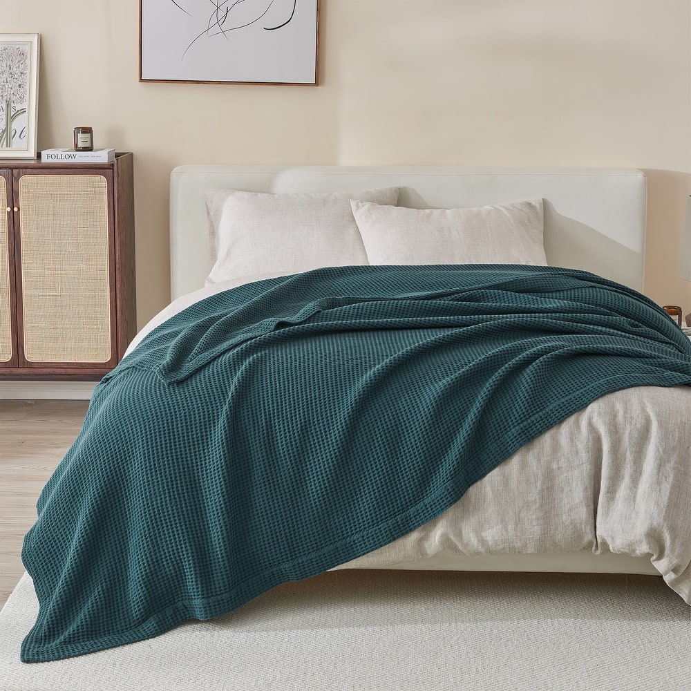Linery & Co. 100% Cotton All-Season Lightweight Waffle Weave Knit Throw Blanket