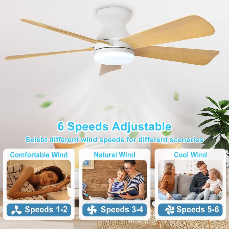 42/35 Inch Low Profile Ceiling Fan with Light: Dimmable, Remote Control, 6-Speed, 5 Blades