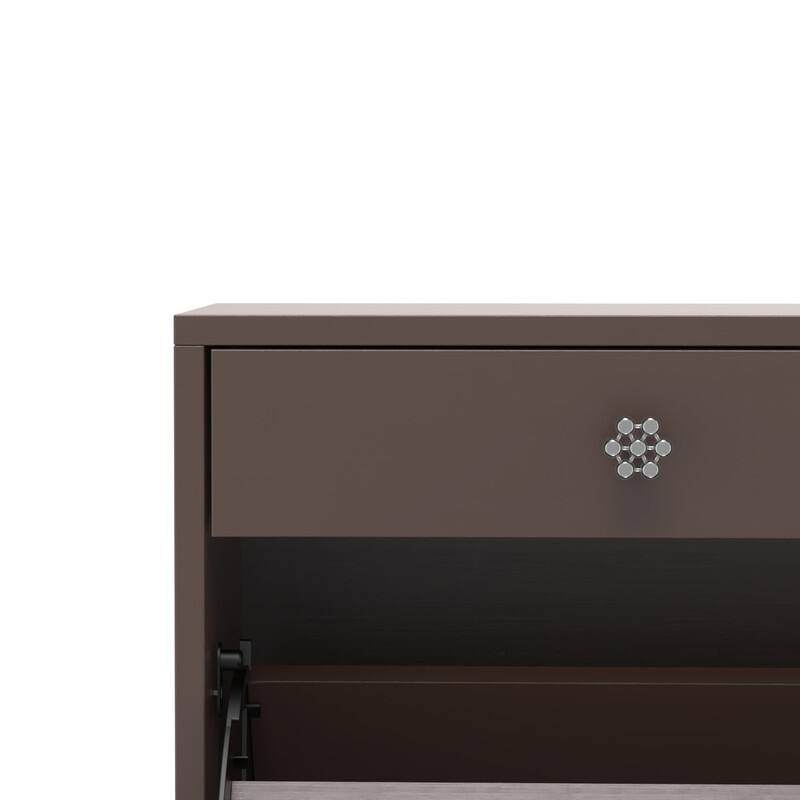 Mirrored Shoe Cabinet with Drawers - Space-Saving Entryway Organizer in Brown Finish