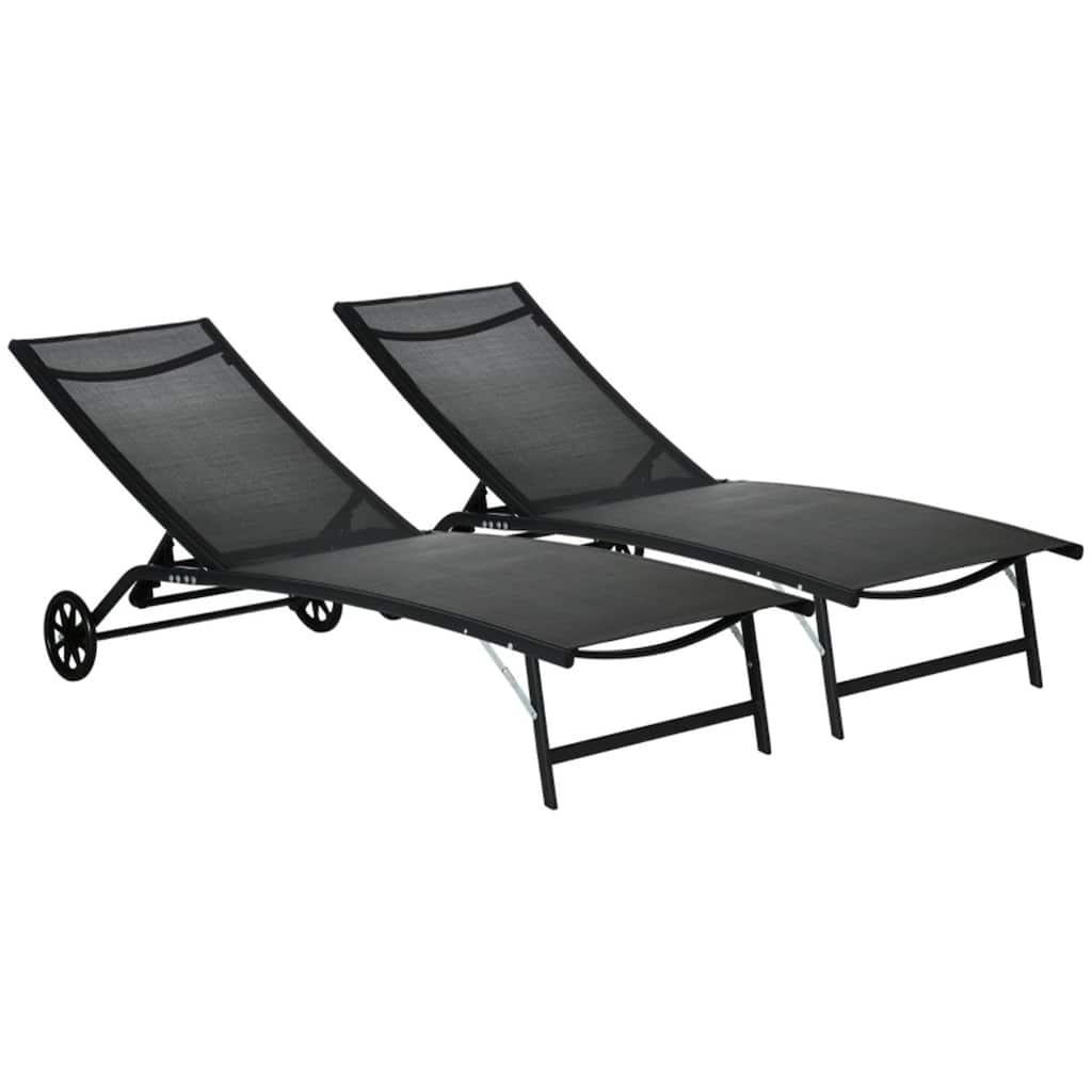 Black Mesh Outdoor Chaise Lounge Chairs Set of 2 with Adjustable Back and Wheels - 27.25" W x 65.25" D x 41.25" H