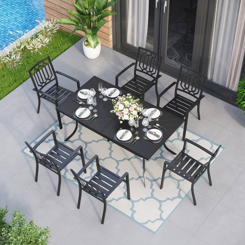 MAISON ARTS Patio Dining Set 7 Piece Metal Rectangle Patio Table with 2.6" Umbrella Hole and 6 Metal Dining Chairs, Black