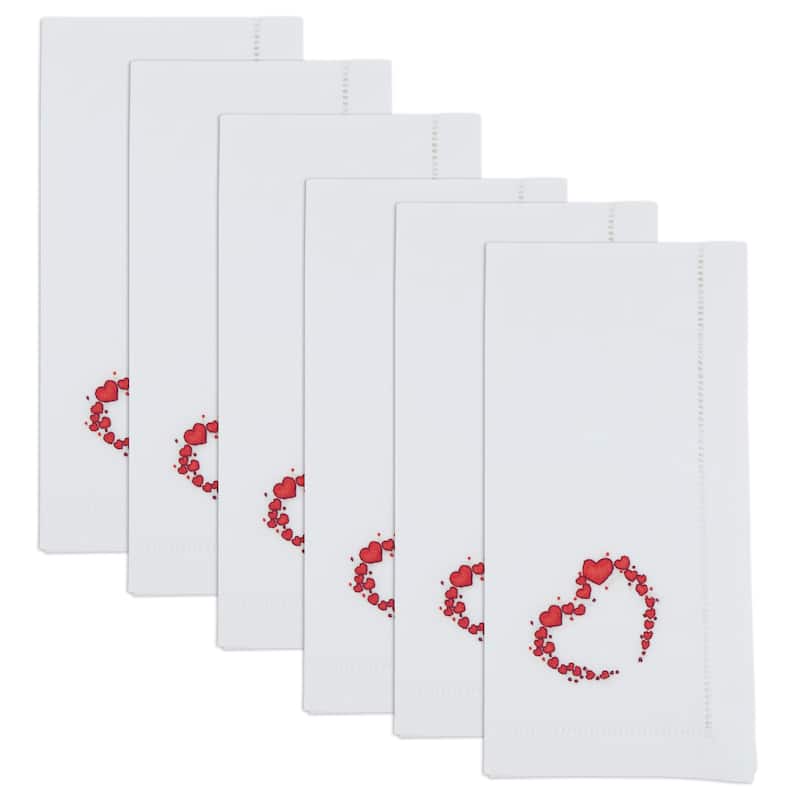 Embroidered Heart Wreath Cotton Napkins (Set of 6) - Scattered Heart Circle Motif with Hemstitch Border, 20"x20"