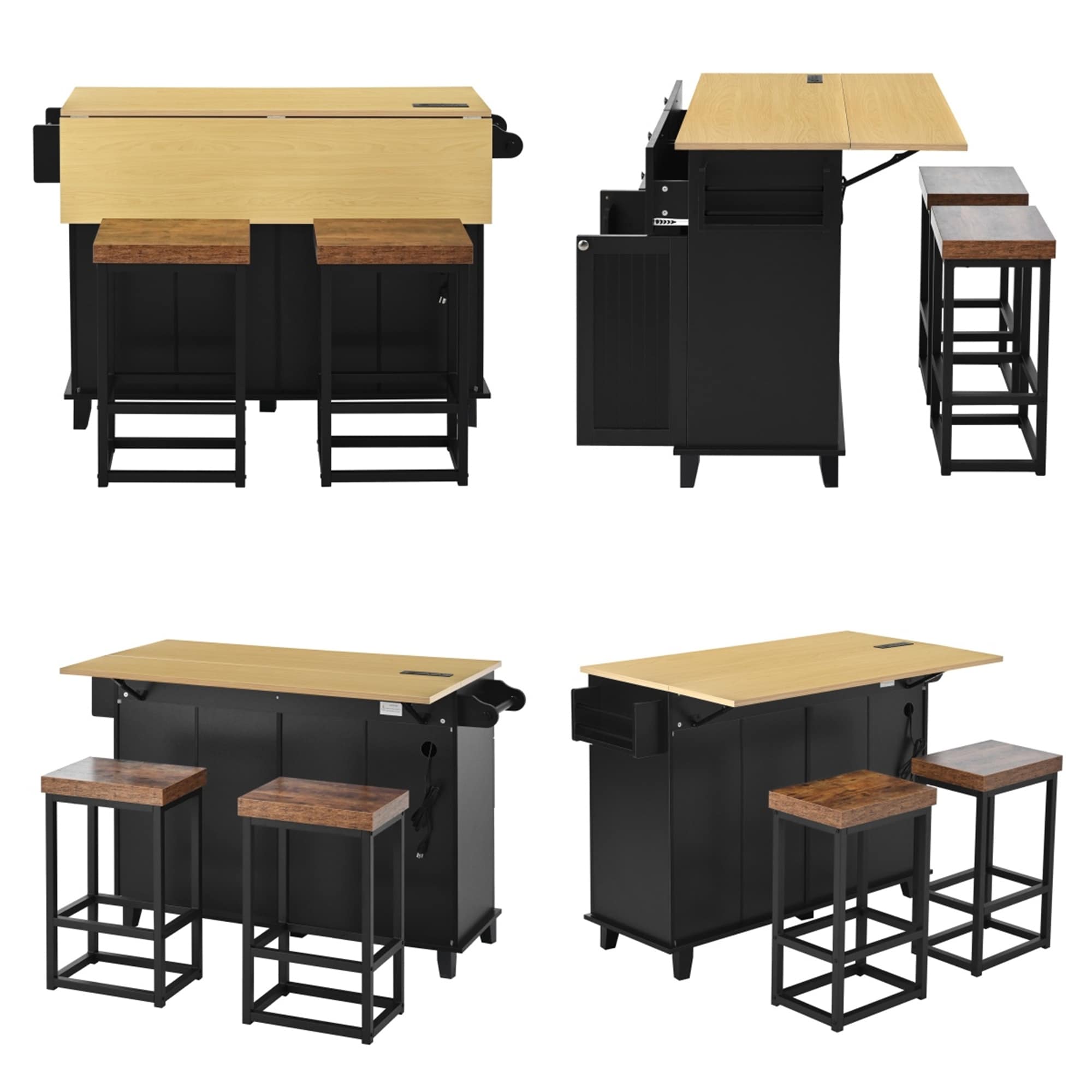 Farmhouse Kitchen Island w/Drop Leaf and 2 Seatings,Kitchen Table Set