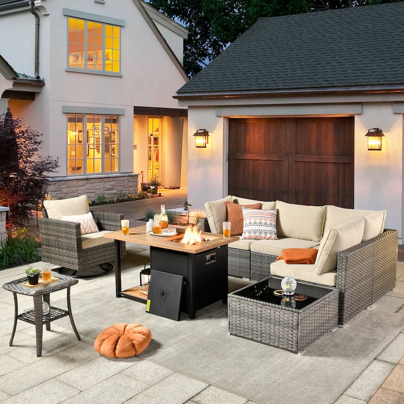 XIZZI 8-piece Outdoor Patio Furniture Sectional Set with Fire Pit Table - Beige