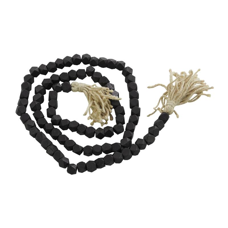 Mango Wood Handmade Hexagon Carved Geometric Long Beaded Garland with Tassel - Roche River Decor - Black - 80"L