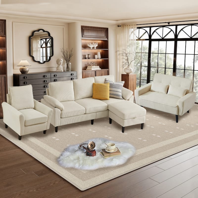 4-Piece Corduroy Living Room Sectional Sofa Set with Loveseat and Chair