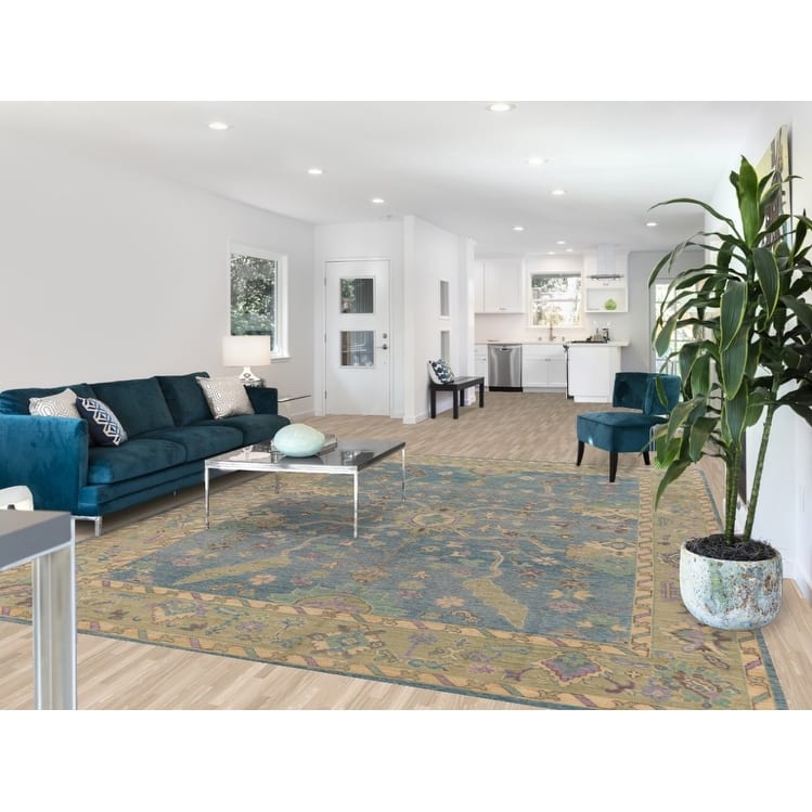 Hand Knotted Oriental 100% Wool Carpet Transitional All-Over Navy Blue & Blues Oushak Area Rug - 11' 7'' X 9' 1''