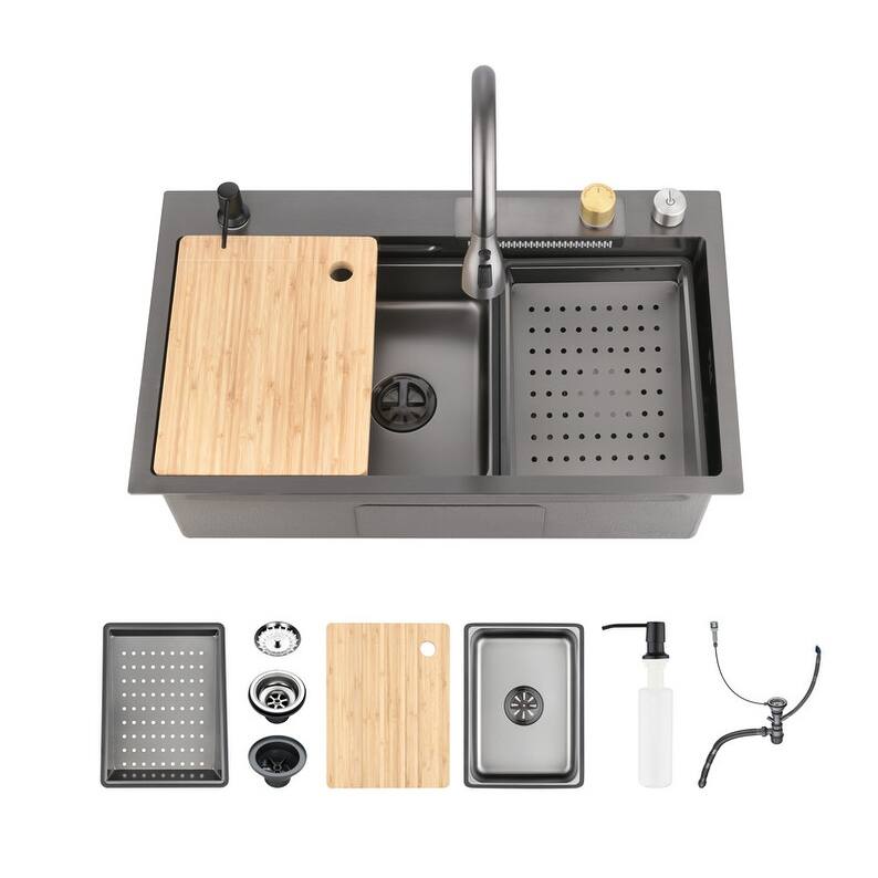 MEDUNJESS Stainless Steel drop in single bowl kitchen sink with Flying-rain Faucet and Cutting Board - 30'' - Black
