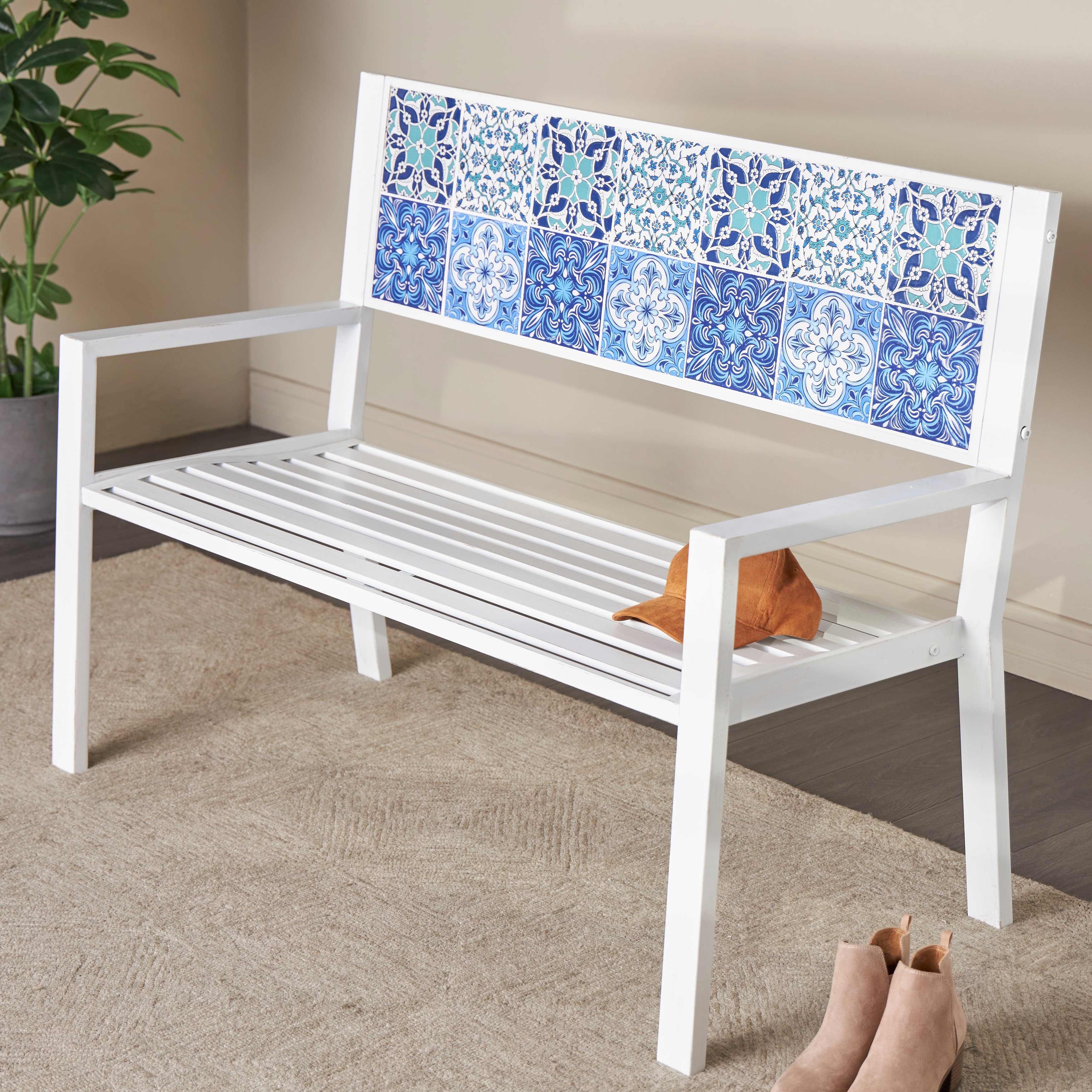 Black or White Metal Mosaic Floral and Scroll Outdoor Bench with Orange and Blue Patterns