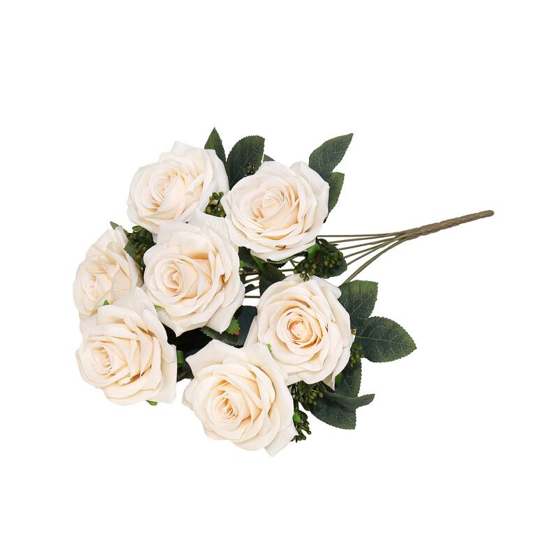 Set of 2 Champagne Artificial Queen Tea Rose Flower Stem Bush Bouquet 17in - 17" L x 9" W x 9" DP