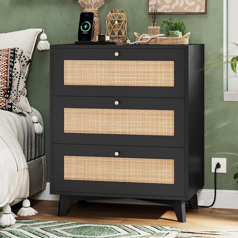 Rattan Nightstand for Bedroom Charging Station USB Ports LED Lights - Black - 3-drawer