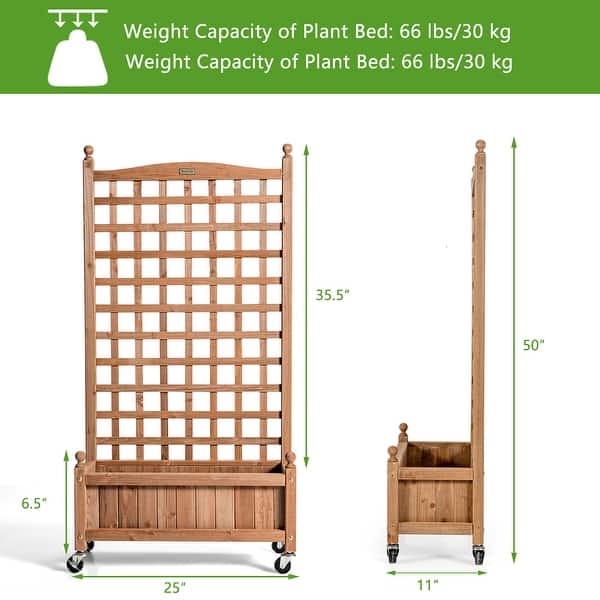 Mobile Plant Raised Bed Wood Planter with Lattice Trellis and Wheels ...
