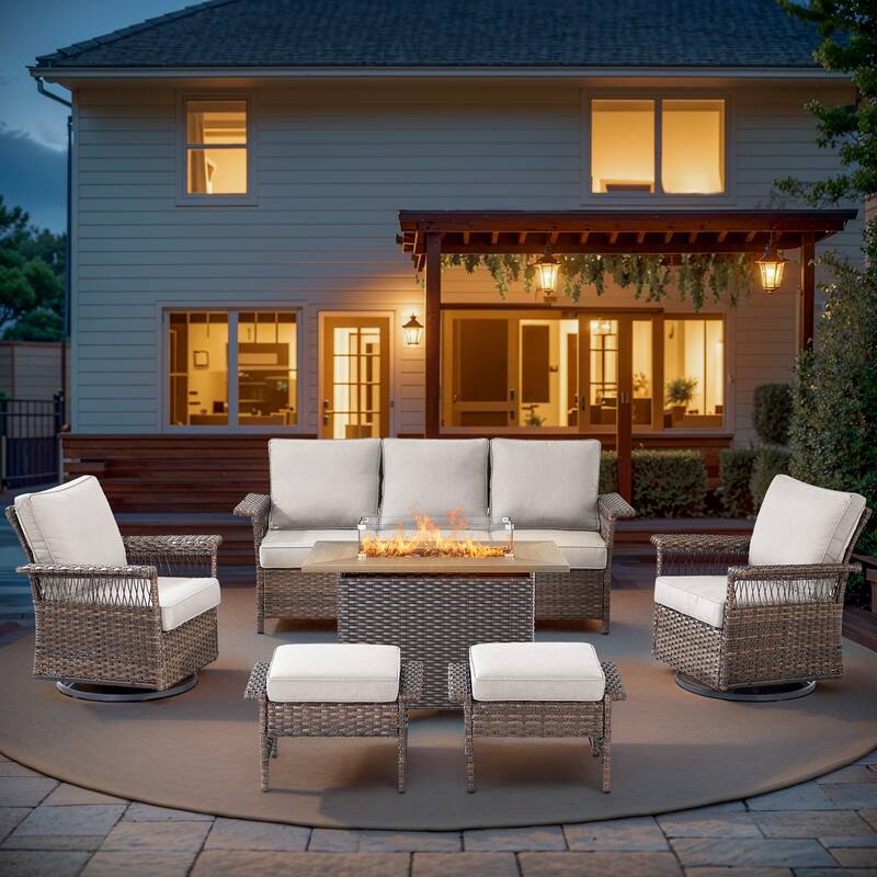 Pocassy 41 in Fire Pit Table with Patio Sofa Chair Funiture - Brown Wicker Beige Cushion - 6-Piece Sofa Swivel Chair Ottoman with Fire Table