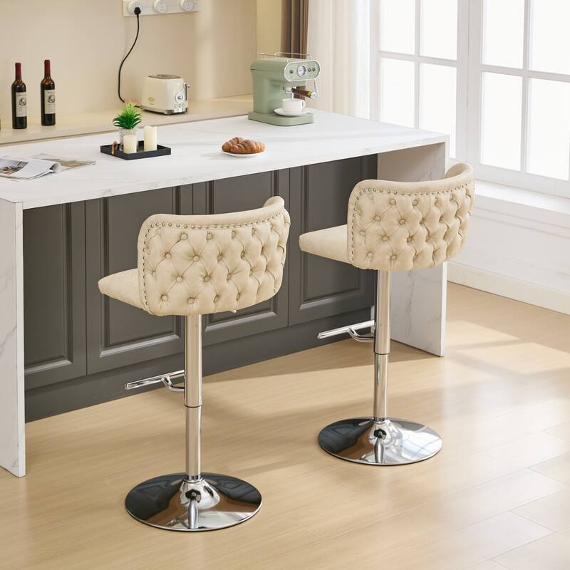 Adjustable Swivel Bar Stools With Chrome Base, Modern PU Upholstered Bar Stools with the whole Back Tufted Set of 2