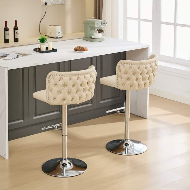 Velvet Upholstered Bar Stools Set of 2, Swivel Bar Stools with Adjusatble Height, Kitchen Island Chairs with Tufted Back