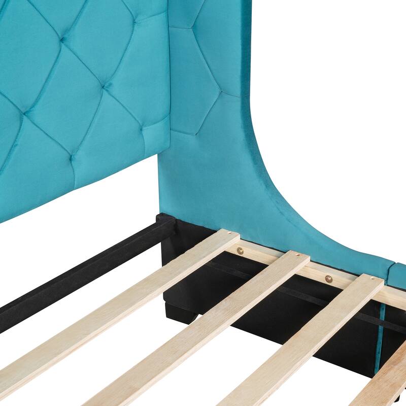 Velvet Queen Platform Bed with Wingback & Drawers