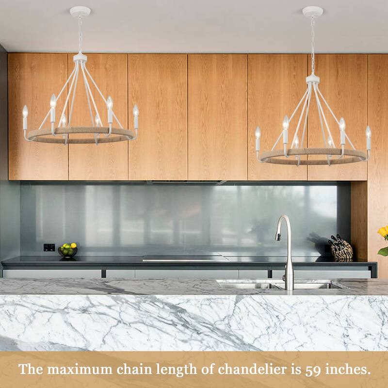 6-Light Candlestick Wagon Wheel Chandelier Hemp Rope Linear Chandelier Lighting Fixture for Kitchen Island