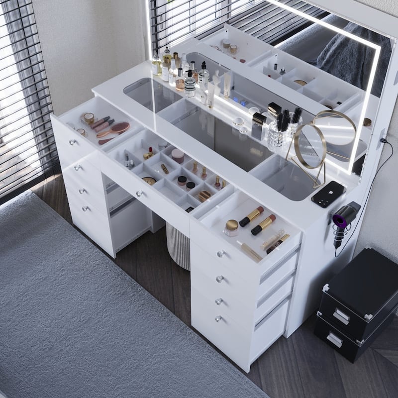 Smart Makeup Vanity Desk with LED Lighted Mirror, Bluetooth Speakers, Glass Top & 11 Drawers, White