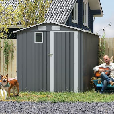 6x8FT Dark Grey Outdoor Steel Storage Shed with Lockable Doors