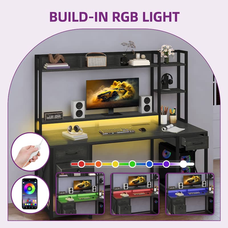 Moasis 59" Computer Desk with Hutch and Shelves, LED Gaming Desk with Monitor Stand
