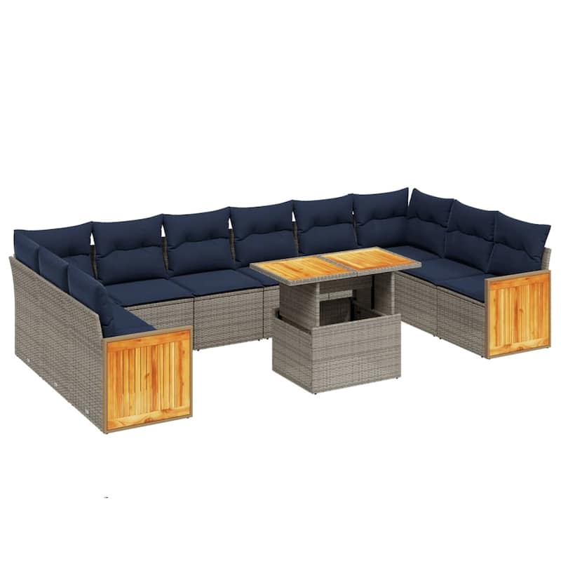 vidaXL 11 Piece Patio Sofa Set with Cushions Black/Gray Poly Rattan - 21.7 x 24.4 x 27.2