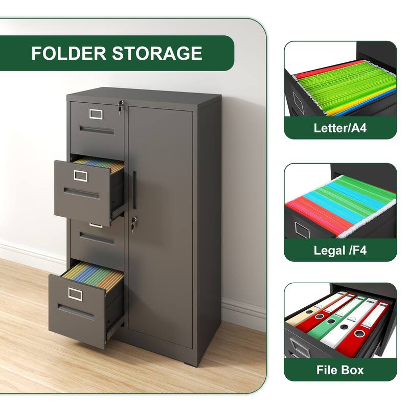 Metal Storage Vertical Filing Cabinet with Lock, Steel File Locker with 4 Drawers and 1 door