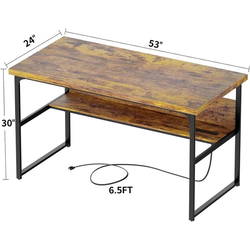 Executive Desk Computer Desk with Extra Thick Tabletop, Simple Office Desk Workstation Study Writing Table with Power Outlets
