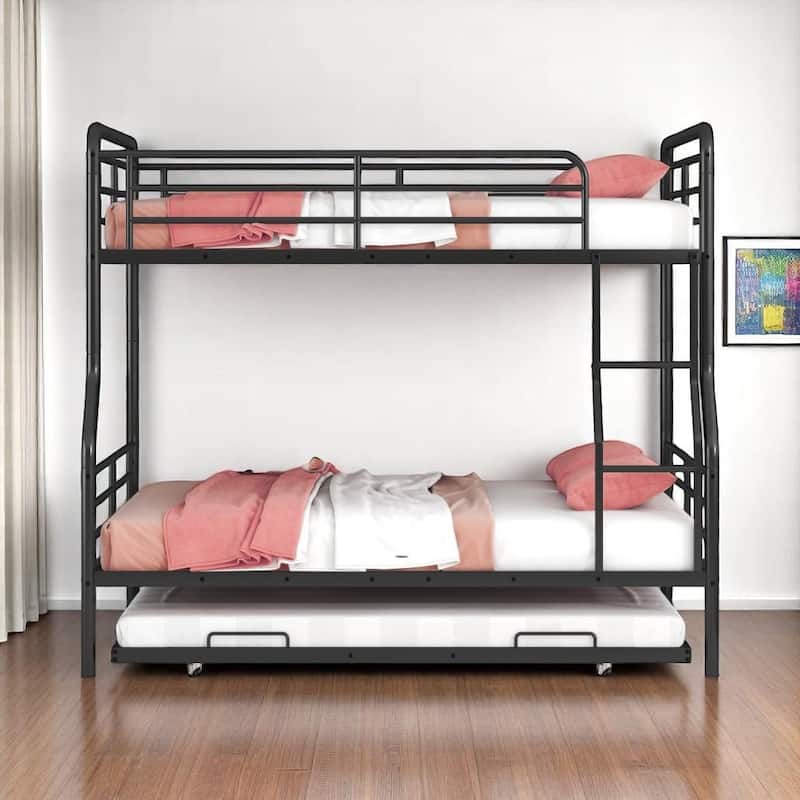 HomeRoots Black Full XL Over Queen Contemporary Metal Bunk Bed With Trundle - Black - 81.00 in. x 63.00 in.  x 62.00 in.
