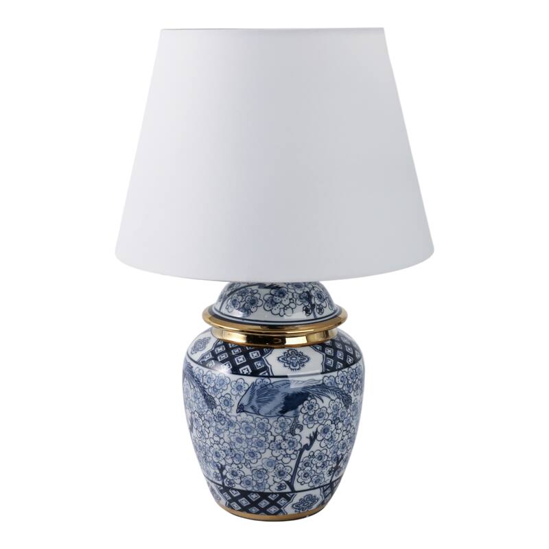 Ceramic Table Lamp Drum Shade Chinoiserie - 18" White/Blue - 12" x 12" x 18"