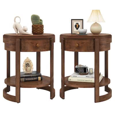 Gymax 2PCS Nightstand w/ Shelf & Wood Grains Drawer Round End Table