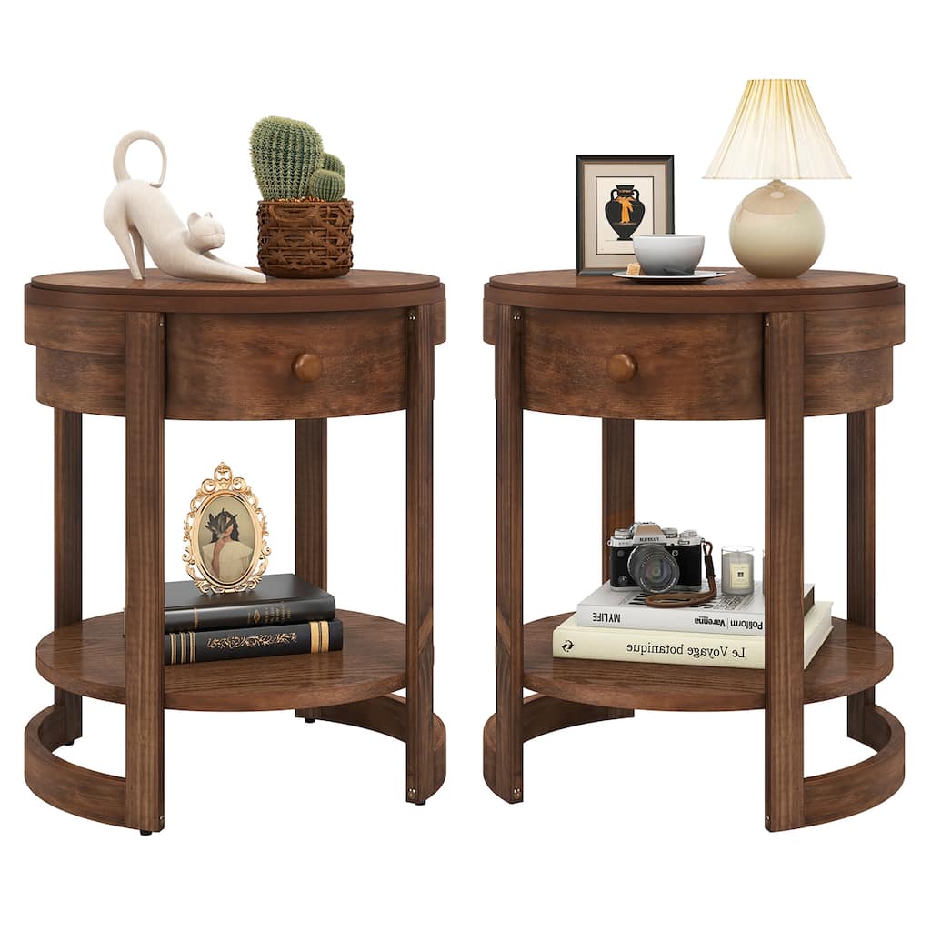 Gymax 2PCS Nightstand w/ Shelf & Wood Grains Drawer Round End Table