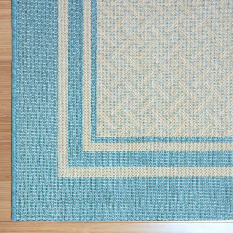 Gertmenian Paseo Soroa Oasis Aqua Blue Classic Border Flatweave Indoor/ Outdoor Area Rug