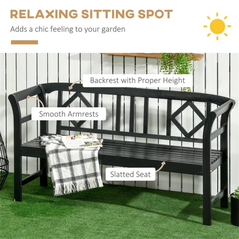 Fir Wood Garden Bench with Vintage Design Slatted Seat and Back for Outdoor Patio - 61.5" W x 20.75" D x 32.75" H