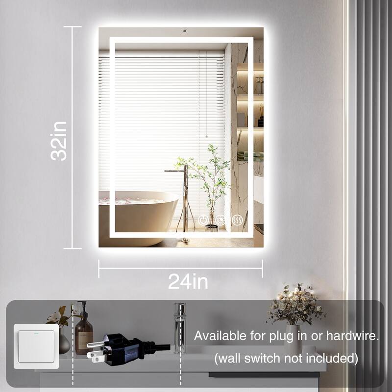 FTL Large LED Bathroom Vanity Mirror Wall Mounted Dimmable Anti-fog,Frameless,3-Color - 32×24in