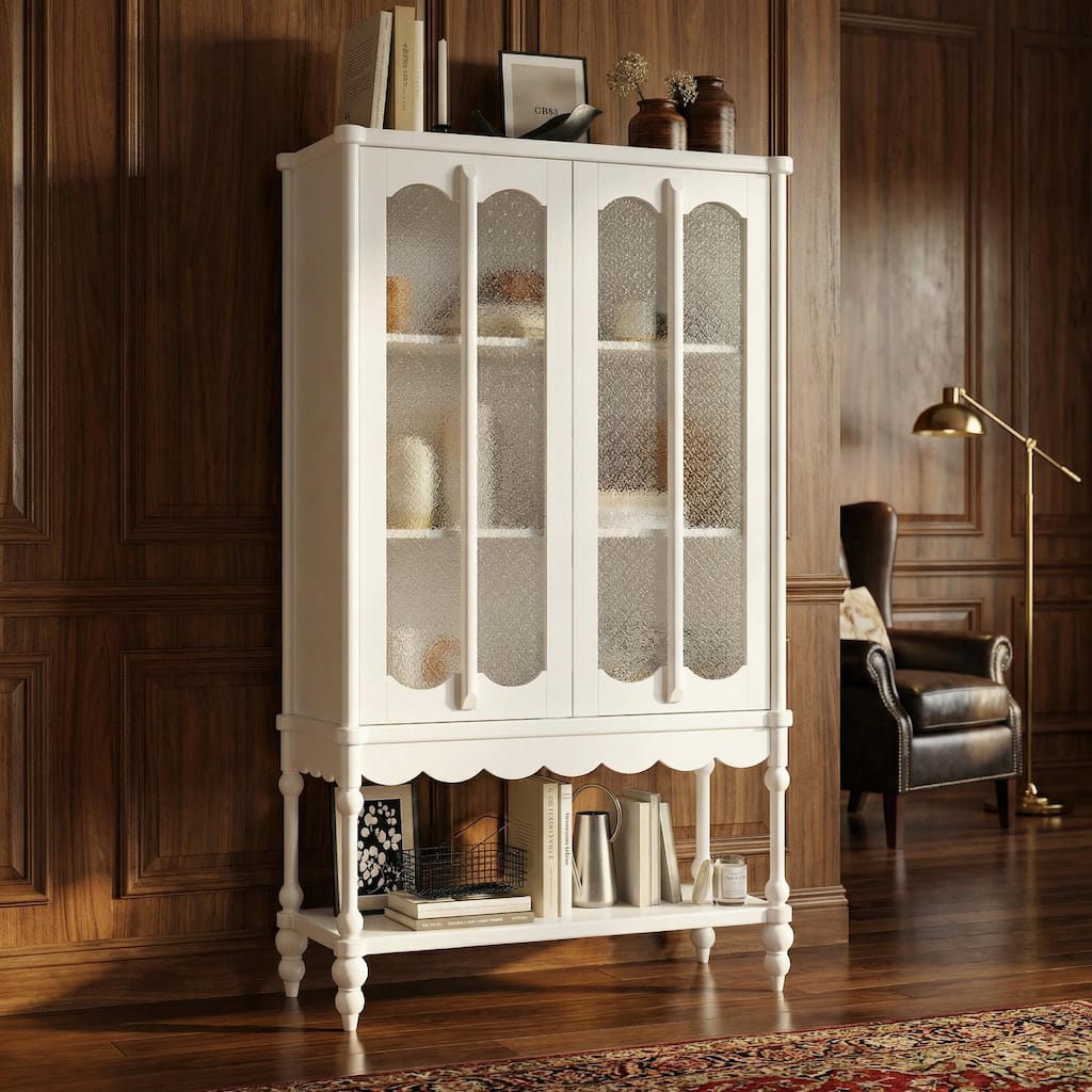Accent Cabinet LED Light, Tall Storage Cabinet Wooden Legs Display Cabinet Bookshelves, Kitchen, Entryway, Buffet Sideboard