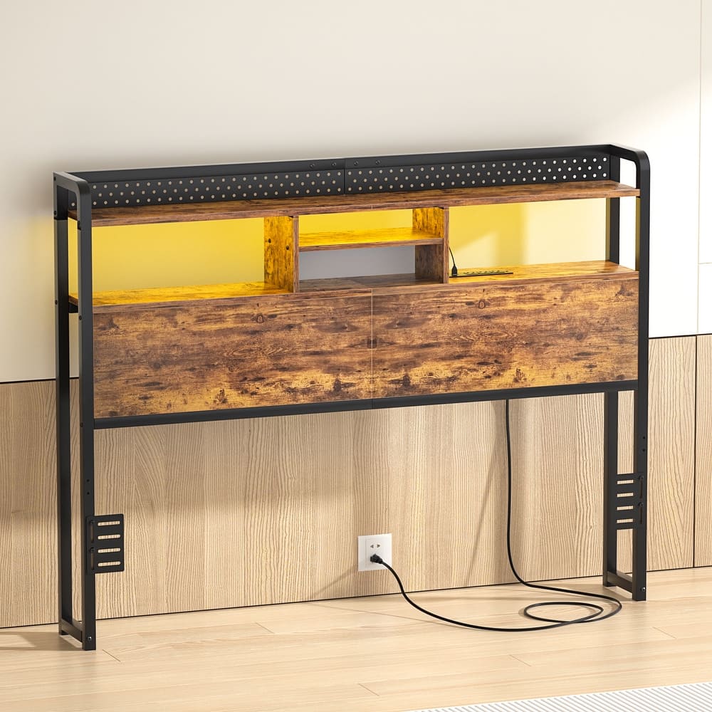 Bed Headboard with Storage Shelf and Charge Station, Height Adjustable Headboard with LED Light