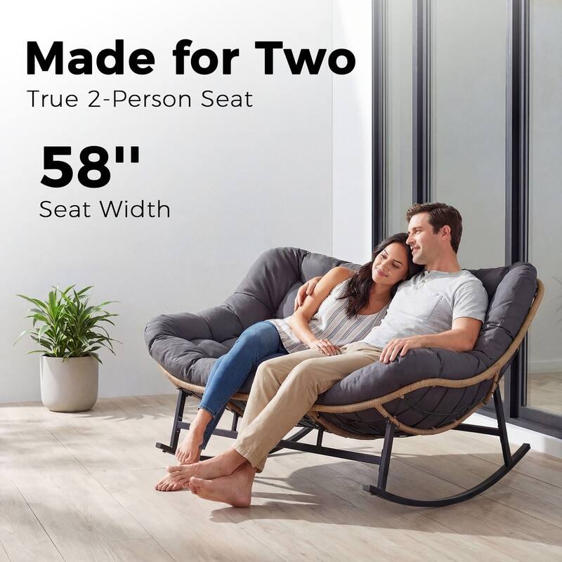60" Double Papasan Rocking Chair for 2, 700-lb Capacity Wicker Egg Rocker with 5.1" Thick Cushion