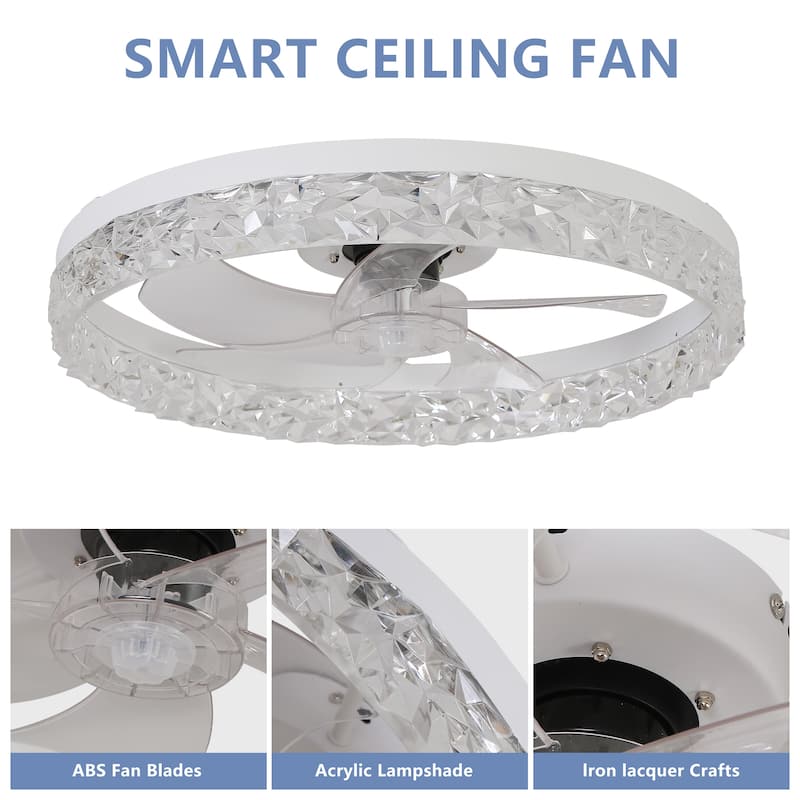Acrylic Ceiling Fan Light with Remote Control, Dimmable LED Chandelier, 6-Speed Adjustable, Quiet Motor, Flush Mount Design
